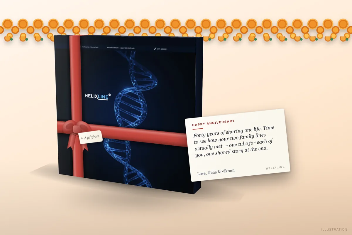 Rendering of a Helixline Origins DNA kit in a 25th anniversary gift wrap, with a printed note card from the children resting on the box