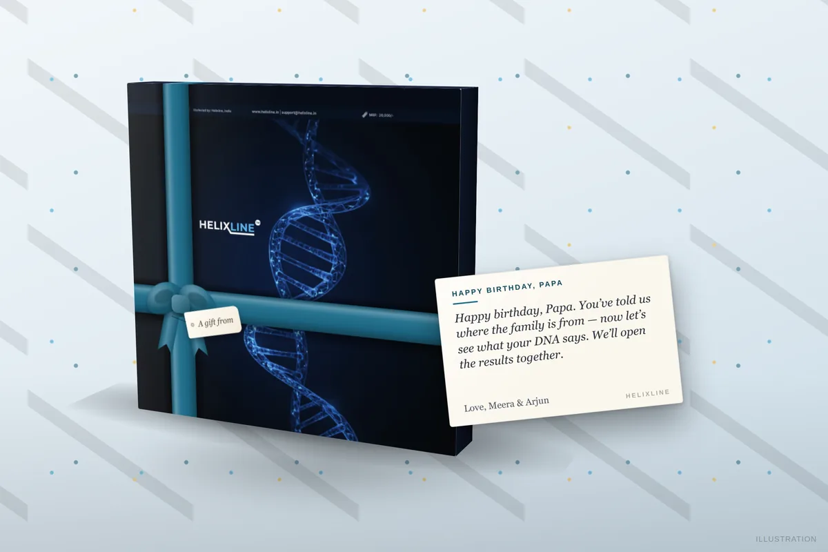 Rendering of a Helixline Origins DNA kit in a birthday gift wrap for a father, with a printed note card from his daughter resting on the box
