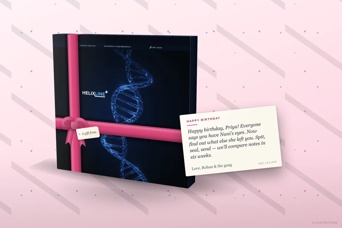 Helixline DNA kit gift-wrapped for the birthday with a printed note card, ready to be gifted to a parent