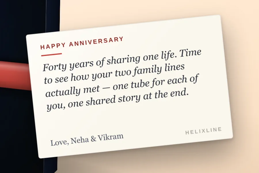 Helixline Origins DNA kit in the 25th anniversary gift wrap with a printed note card