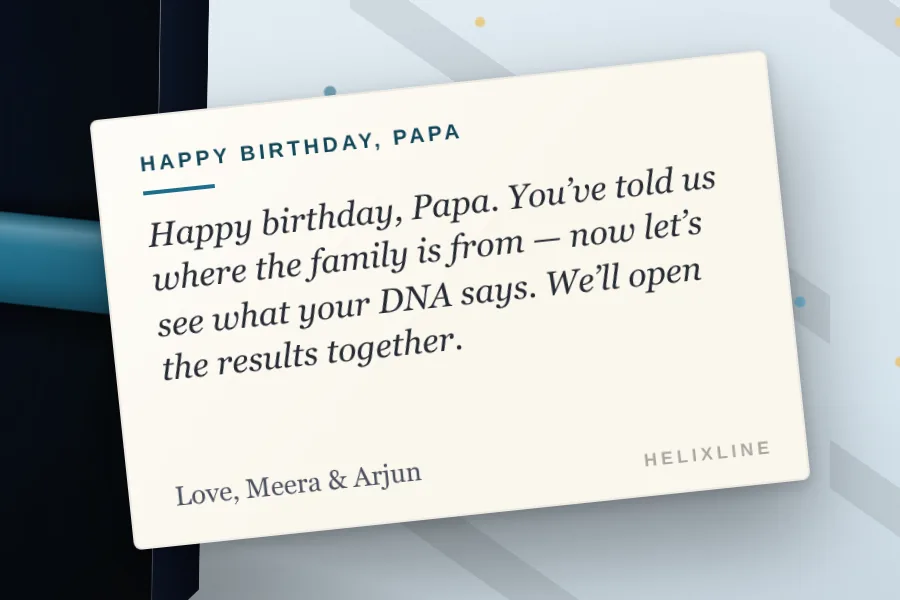 Helixline Origins DNA kit in a birthday gift wrap for a father, with a printed note card