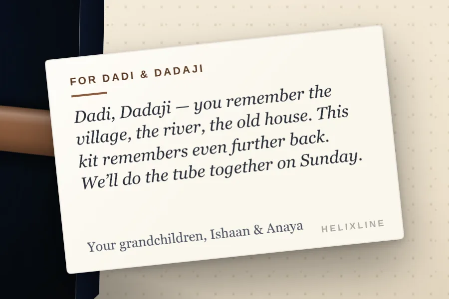 Helixline Origins DNA kit in a grandparents gift wrap with a printed note card