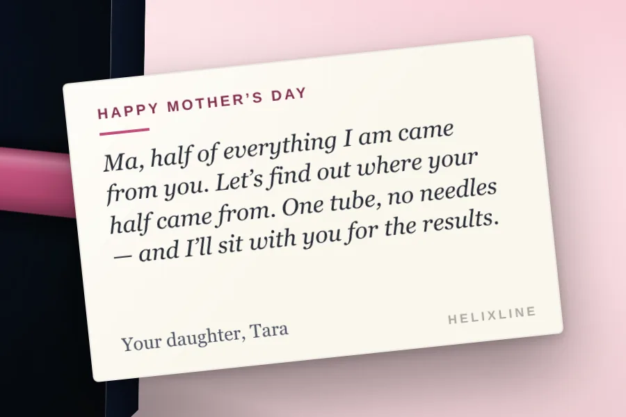 Helixline Origins DNA kit in the Mother's Day gift wrap with a printed note card