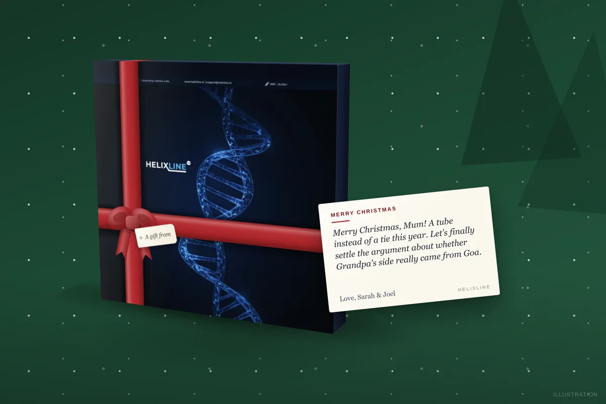 Rendering of a Helixline Origins DNA kit in a Christmas gift wrap with a printed note card, under a small tree