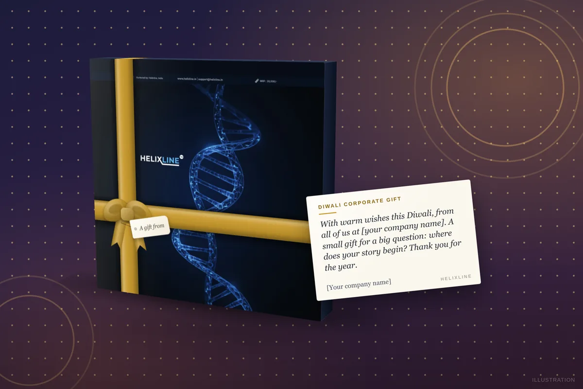 Helixline DNA kit in a Diwali gift wrap with a printed card bearing a company message