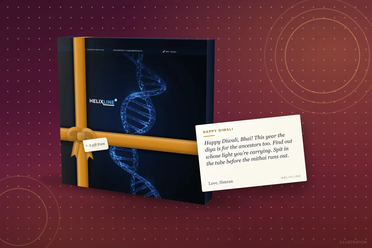 Helixline DNA kit in a Diwali gift wrap with a printed note card, beside a row of diyas