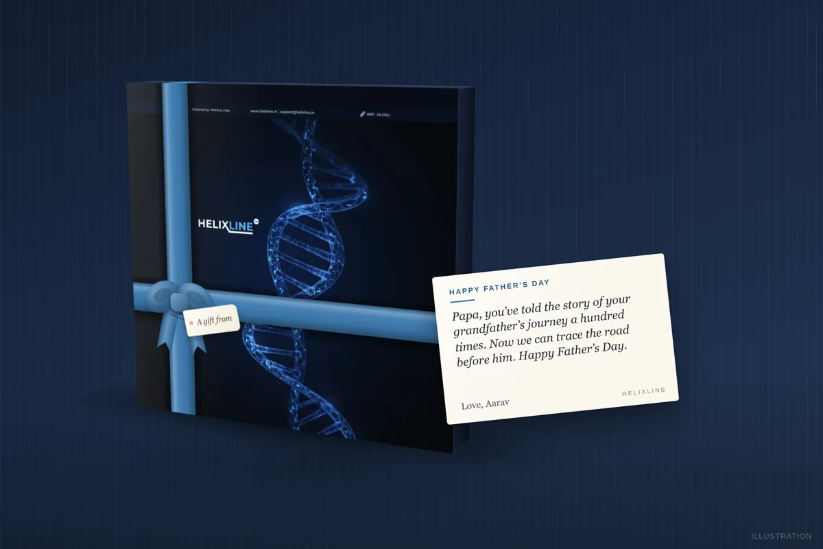 Rendering of a Helixline Origins DNA kit in a Father's Day gift wrap, with a printed note card from a daughter resting on the box