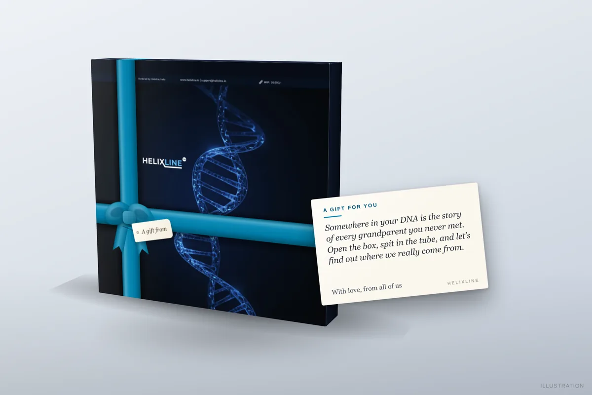 Helixline DNA kit inside a gift wrap with a printed note card resting on top