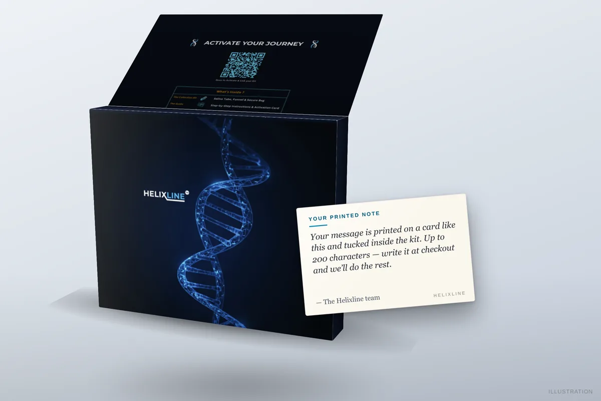 Rendering of an open Helixline DNA kit with the printed note card and occasion gift wrap, as the recipient sees it