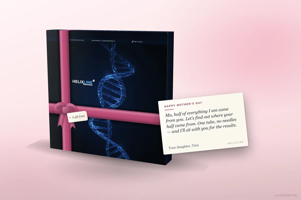 Rendering of a Helixline Origins DNA kit in a Mother's Day gift wrap, with a printed note card from a daughter resting on the box