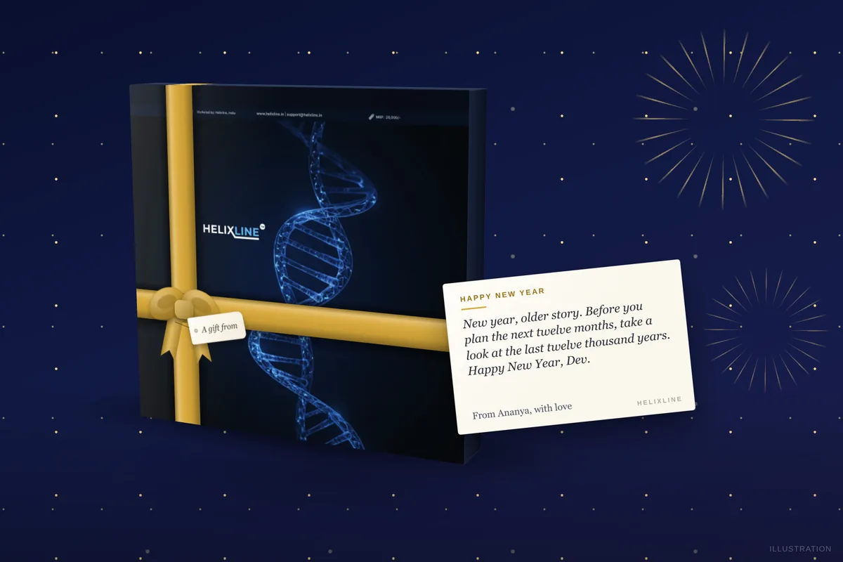 Rendering of a Helixline Origins DNA kit in a New Year gift wrap with a printed note card