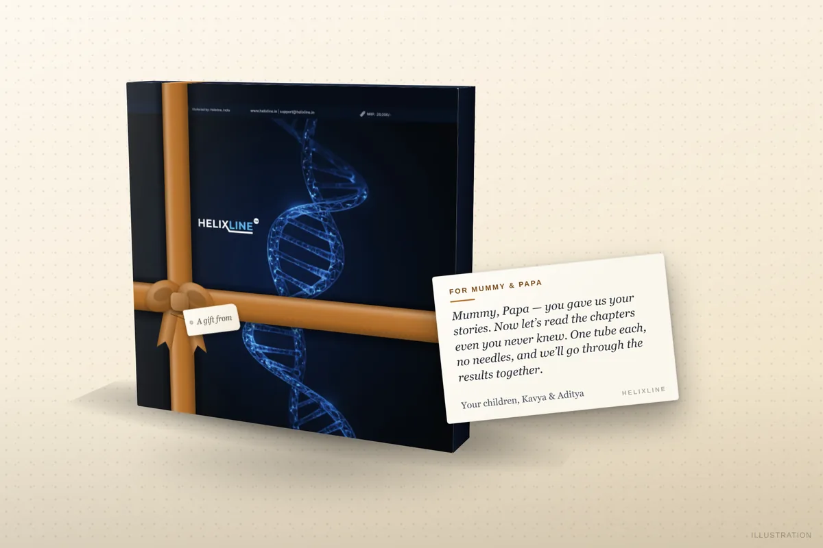 Rendering of a Helixline Origins DNA kit inside a gift wrap for parents, with a printed note card resting on the box