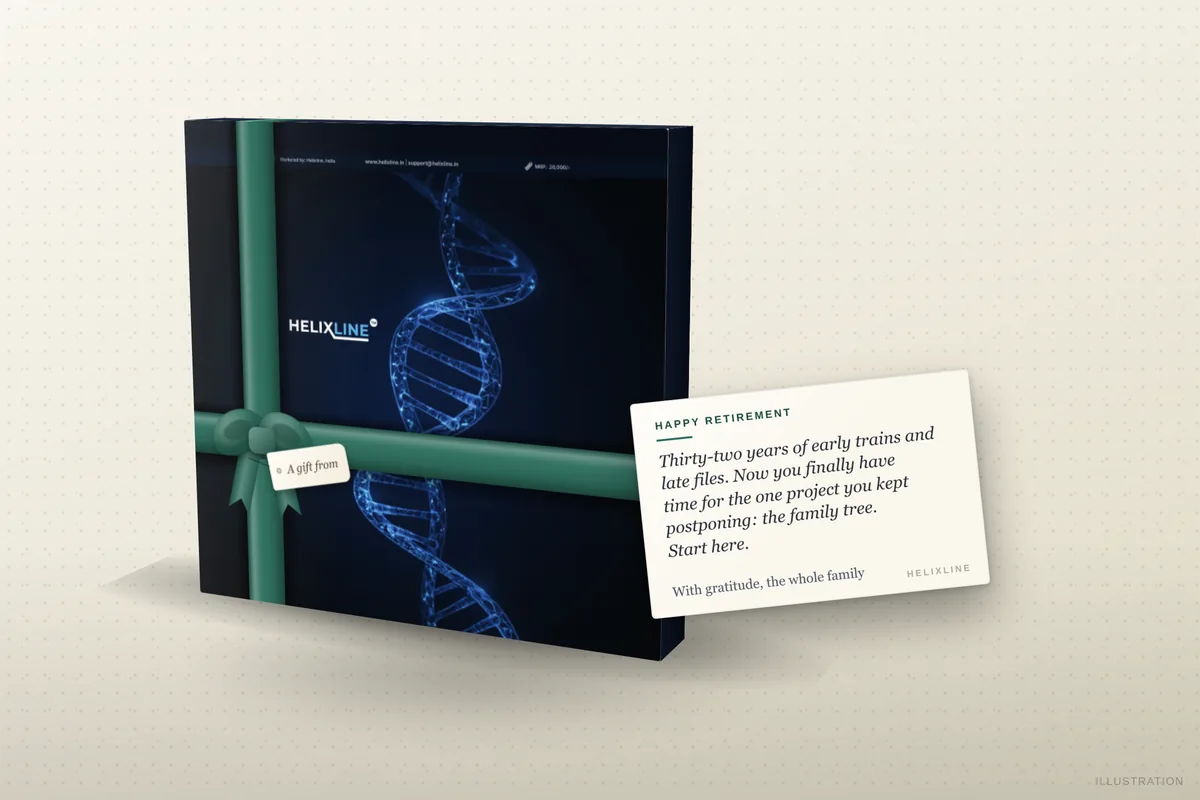 Rendering of a Helixline DNA kit in a retirement gift wrap, with a printed note card addressed to Papa resting on the box