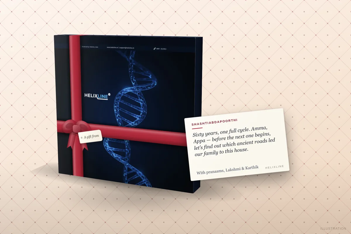 Rendering of a Helixline DNA kit in a sixtieth birthday gift wrap, with a printed note card for Amma and Appa resting on the box